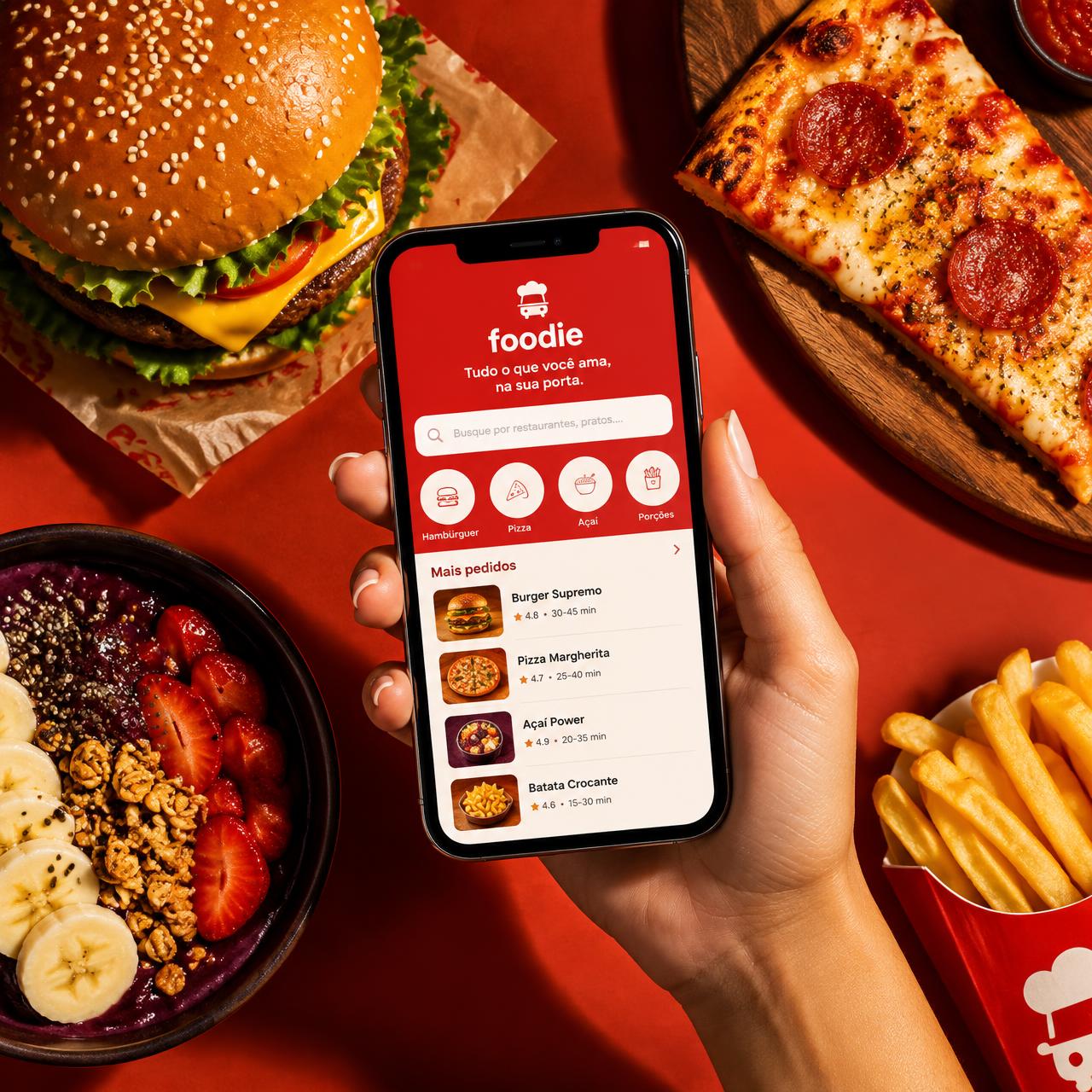 Celular com app de delivery entre lanche, pizza, açaí e batata frita